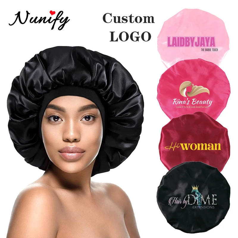 10Pcs Printed Logo Silk Bonnet BlueSatin Hair Bonnets For Black Women Pink Reusable Adjusting Hair Wrap Cap For Sleeping 42Cm