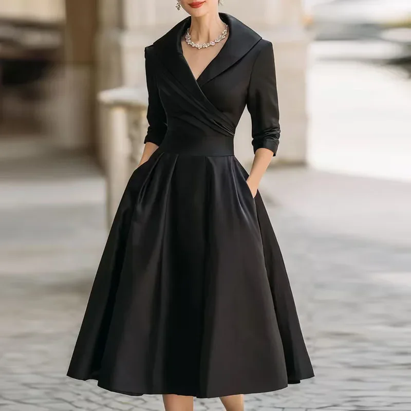 Autumn Long Sleeve Lapel Draped Slim Women Dress Ladies Clothes Fashion Solid High Waist  A-Line Prom Dresses Vestido