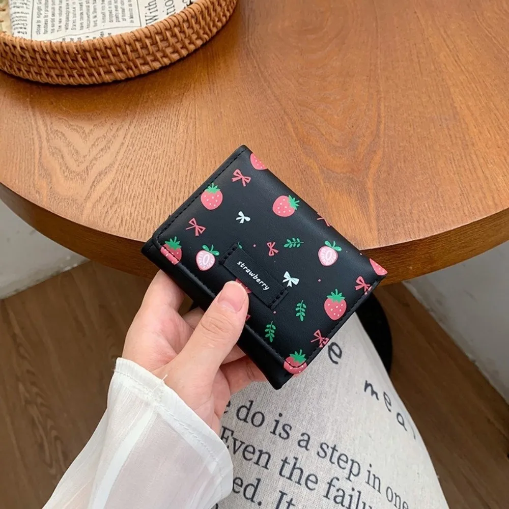Fashion Strawberry Tri-fold Wallet Bow Korean Style PU Leather Wallet Short Folding Card Holder Student