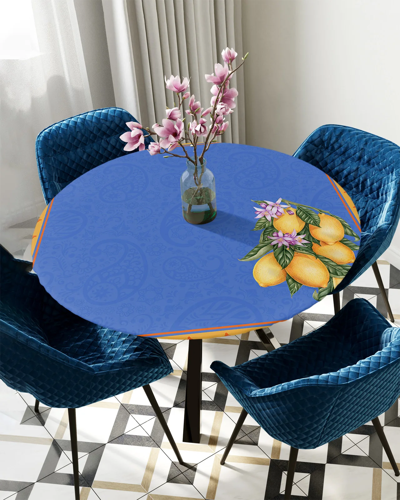 

Mandala Pattern Lemon Retro Round Elastic Edged Table Cover Protector Cloth Waterproof Polyester Rectangle Fitted Tablecloth