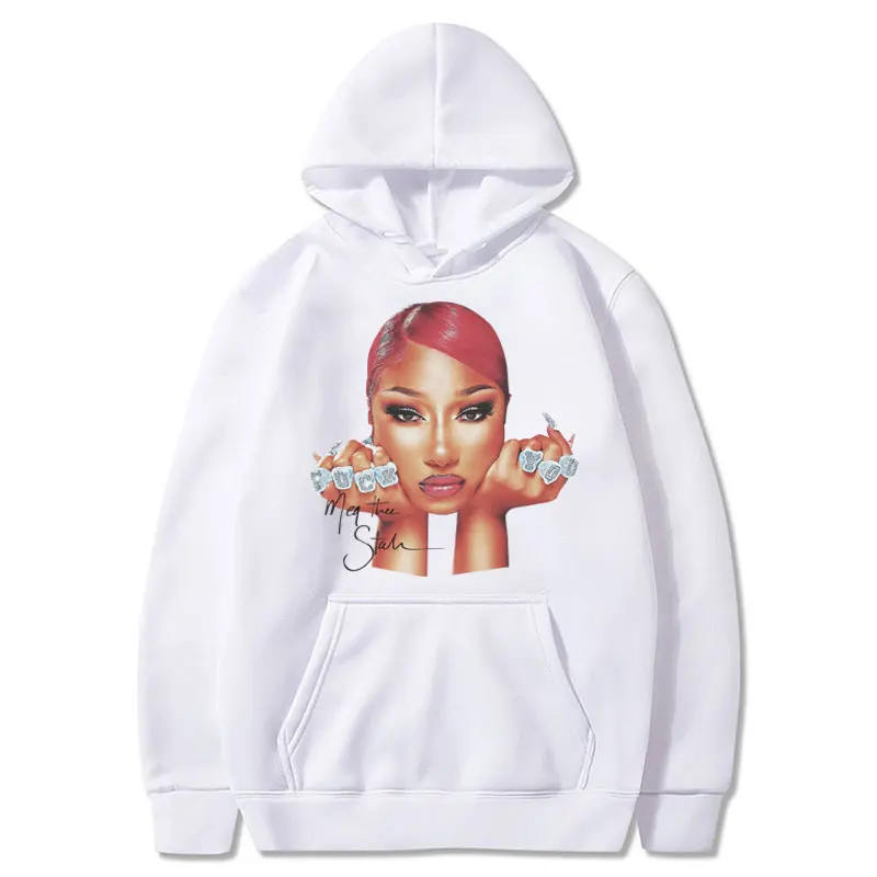 Rapper Megan Thee Stallion Face Print Fashion Hoodie 90s Vintage Hip Hop Men Women Sweatshirt Fleece Oversized Casual Streetwear