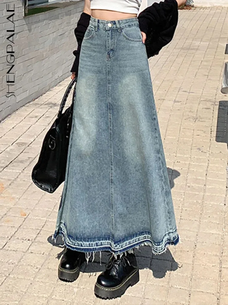 SHENGPALAE Women Denim Skirt 2025 Spring New Fashion Elegant High Waist Color Block Spliced Tassel Female A Line Skirts 5G638