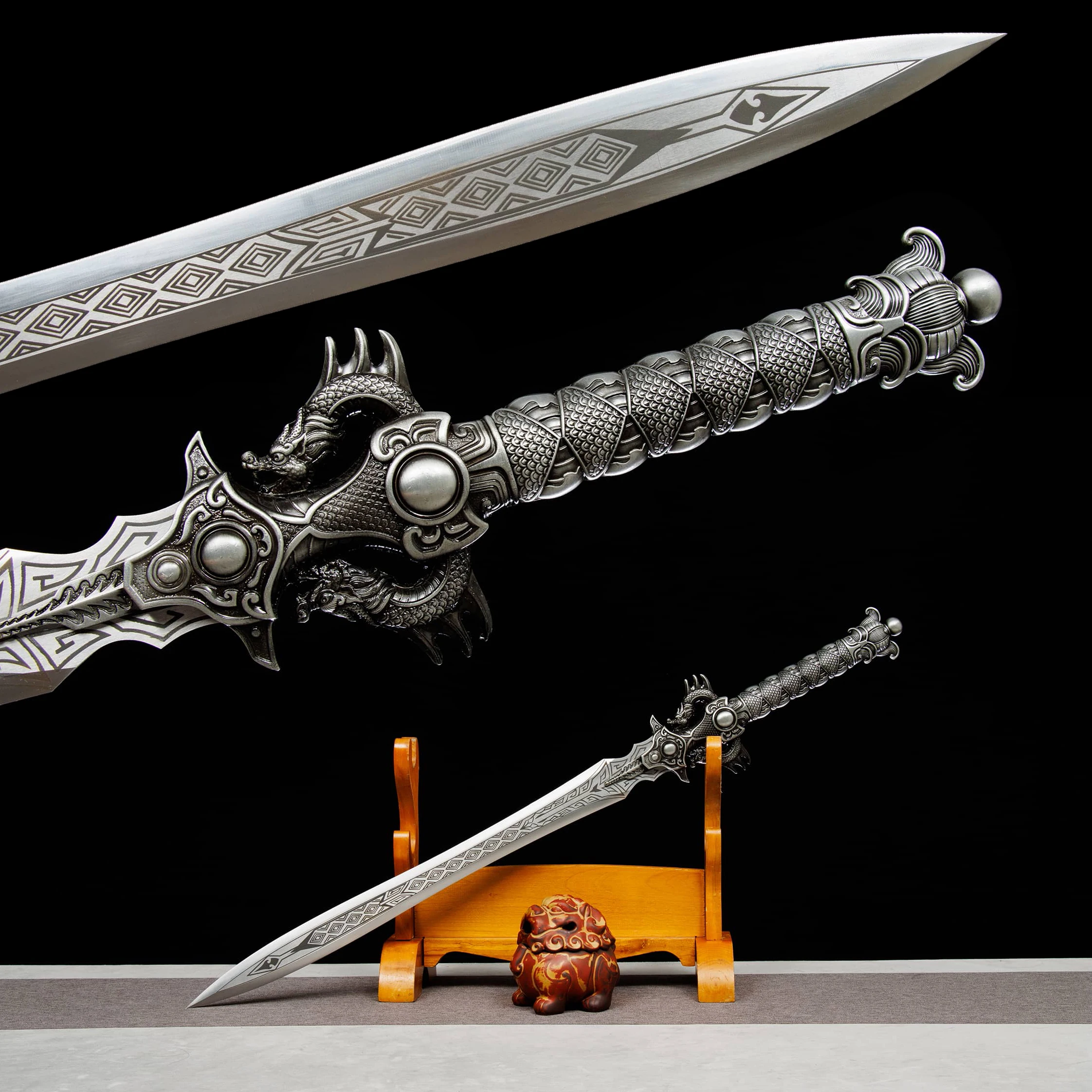 88cm Medieval Chinese Double Dragon Sword katana weapons Stainless Steel Sharp samurai Sword Knight Ninja Martial Arts full tang