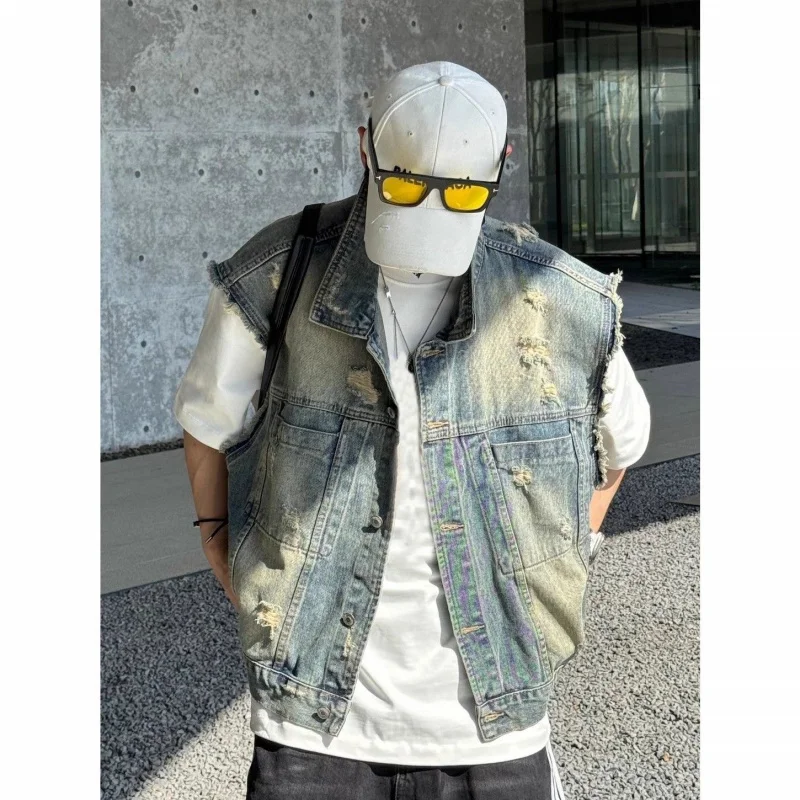 خمر غسلها الأمريكية شارع العليا المتعثرة سترة قصيرة الرجال الربيع الصيف العصرية أكمام صدرية أعلى #4