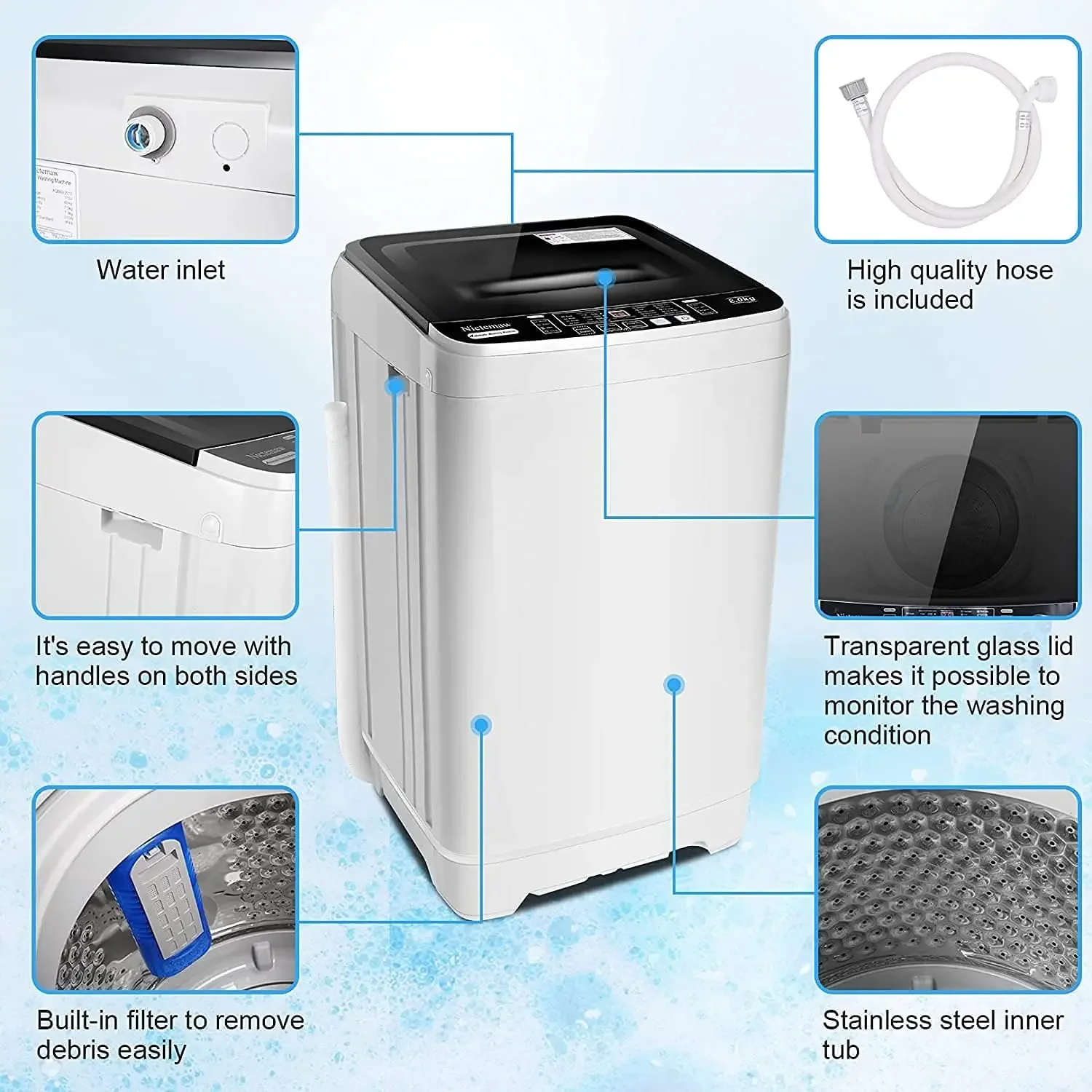 Portable Washing Machine, 17.8Lbs Capacity Full-Automatic Portable Washer, 2.4Cu.ft Washer and Dryer Combo with Drain Pump, 10 P