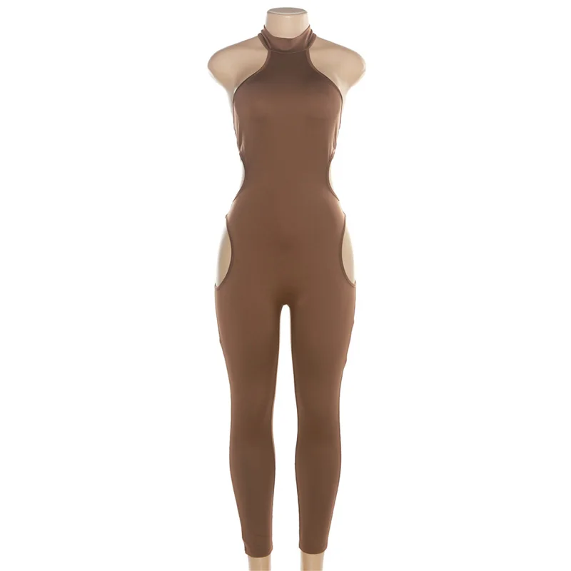 Women Summer Solid Hollow Out Jumpsuit Sexy Halter Sleeveless Backless Body-Shaping One Piece Rompers Streetwear