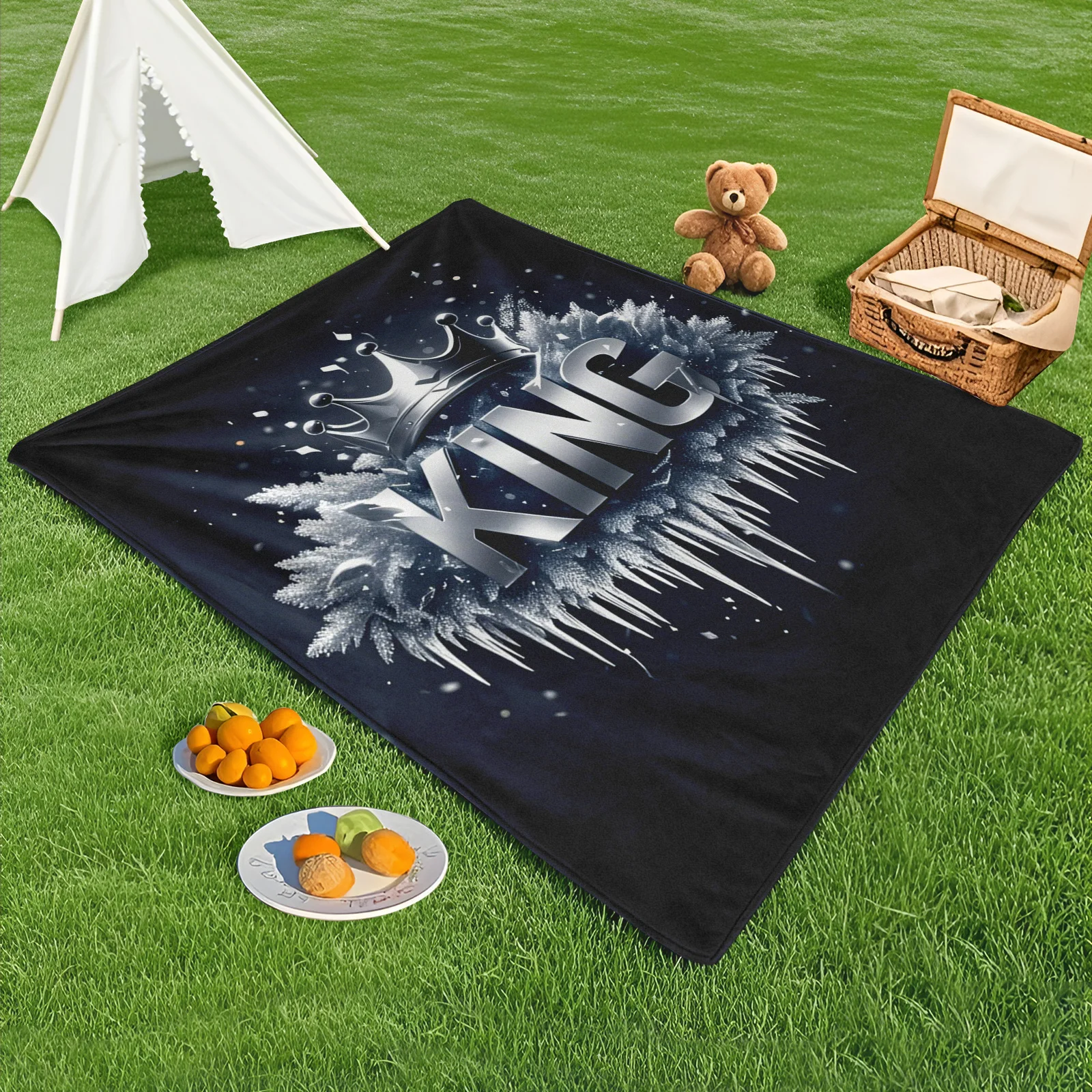 

Elegant King Crown With Silver And Ice Snow Design Outdoor Blanket For Regal Winter Charm And Outdoor Luxury