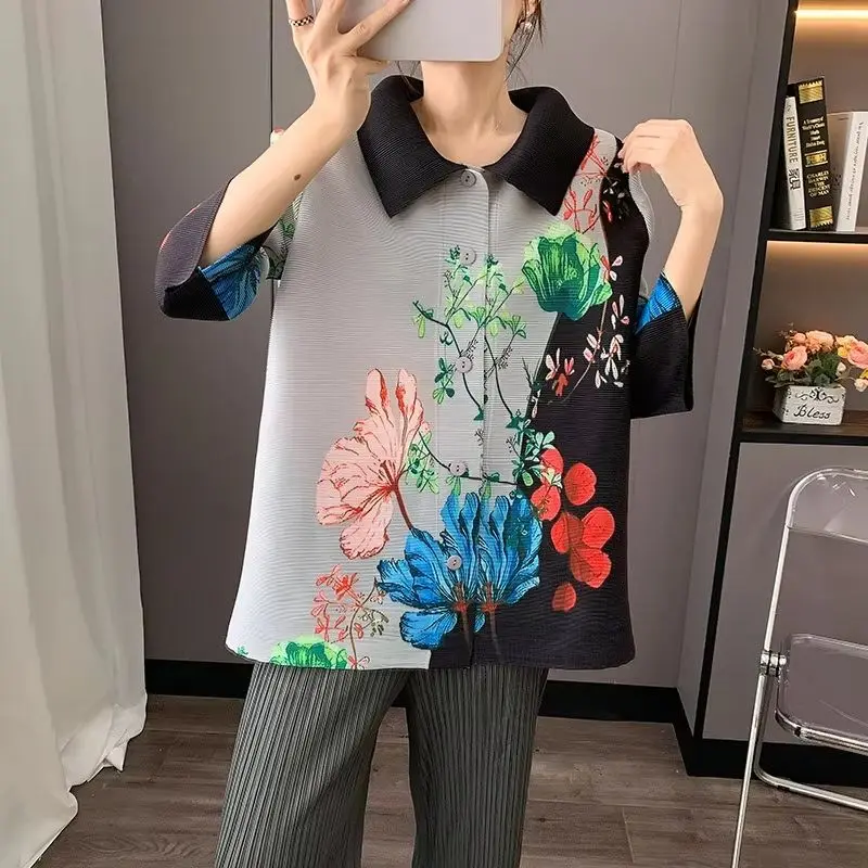 

Miyake Pleated Shirt Printed Blouse Women 2025 Summer Lapel Collar Collar Single-breasted Seven-minute Sleeve Short Small Jacket