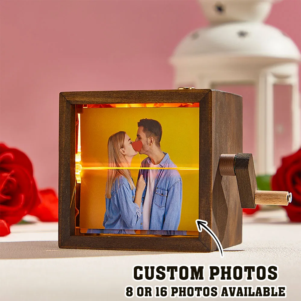 Custom Hand-cranked Photo Flipbook Box, Personalized Photo Flipbook, Valentines Day Gifts-Solid wood, slightly different colors