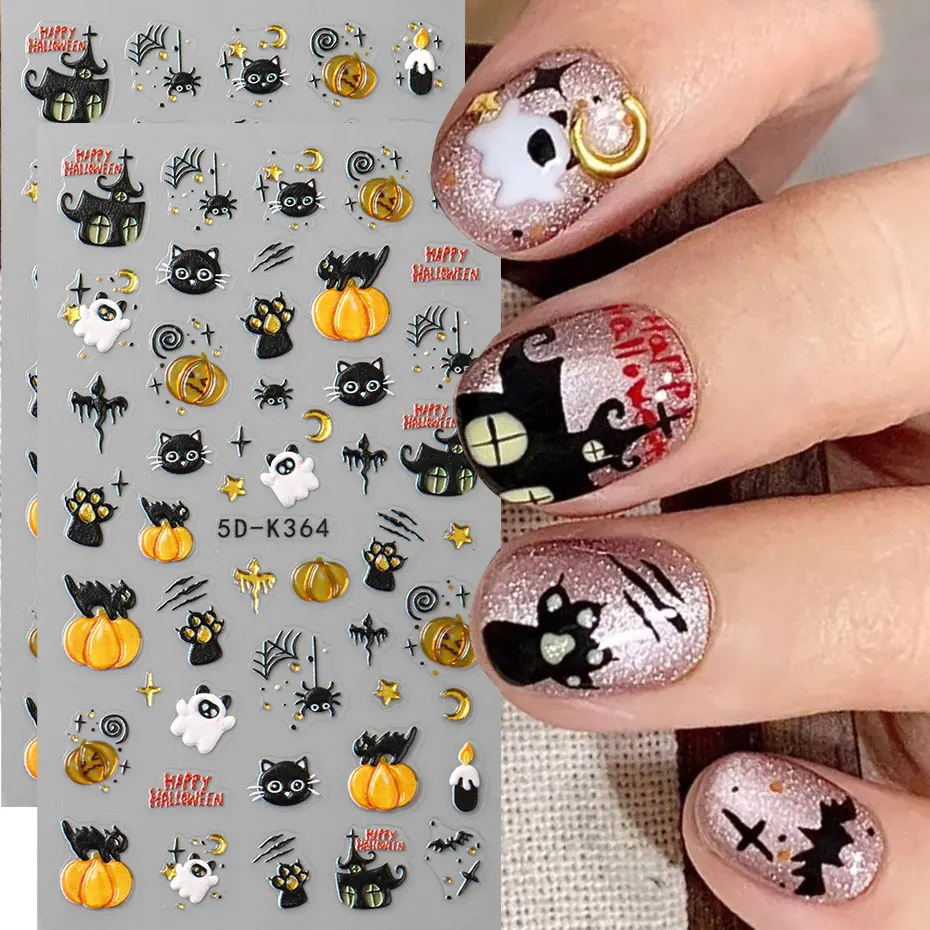 1/2個入り 可愛い黒猫＆パンプキンネイルスライダー 5Dエンボス加工 漫画ゴーストスパイダーの足 ネイルチャーム ホイル ハロウィン DIY 韓国ネイルパーツ