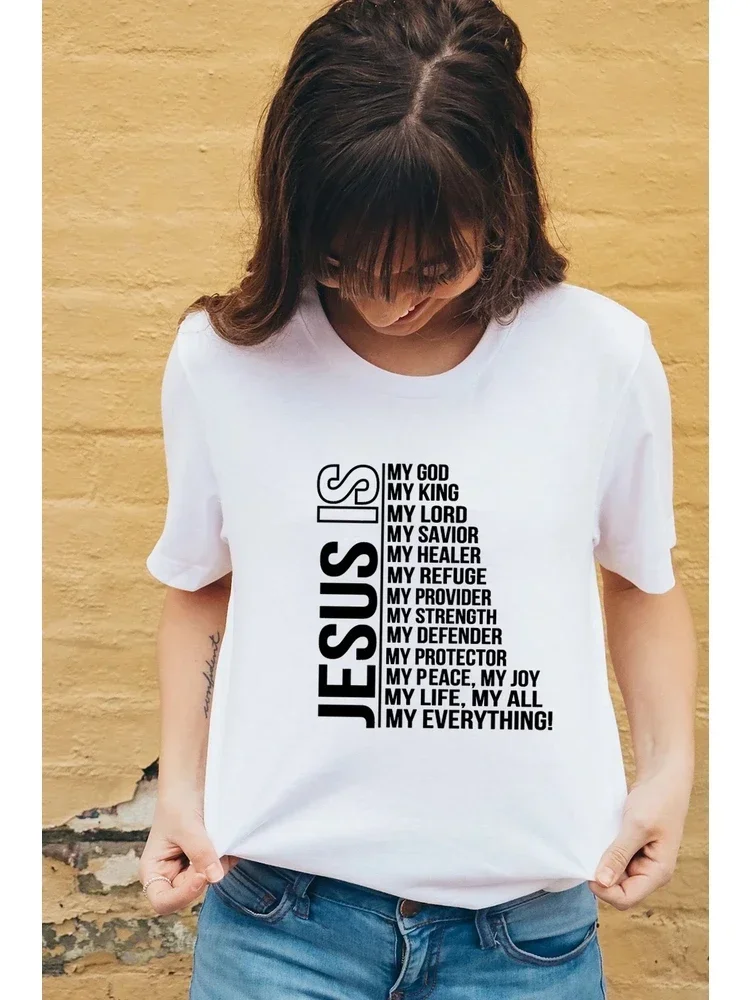 

Jesus Is My God King Everything Women Vintage Tops Faith Short Sleeve Streetwear Graphic Tees Harajuku Christian T-shirt Female