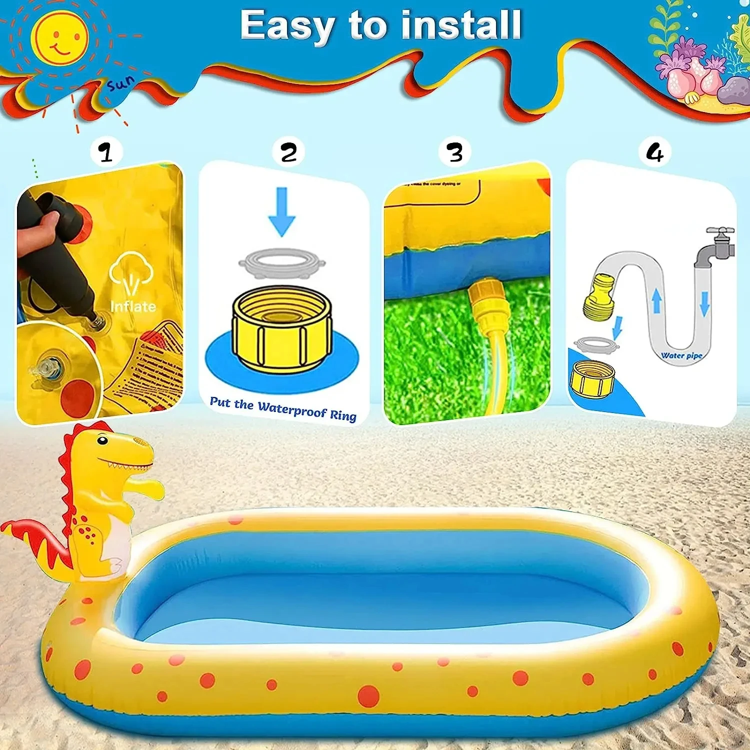 Piscina inflable con aspersor de dinosaurios para niños, almohadilla antisalpicaduras para patio trasero, juguetes acuáticos para exteriores, Verano