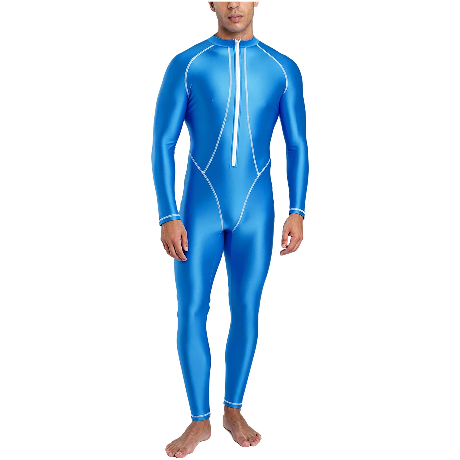Mens Swim Romper Full-body Coverage Rash Guard Bathing Suit Mock Neck Long Sleeves Long Pants Glossy Jumpsuit for Surfing Diving