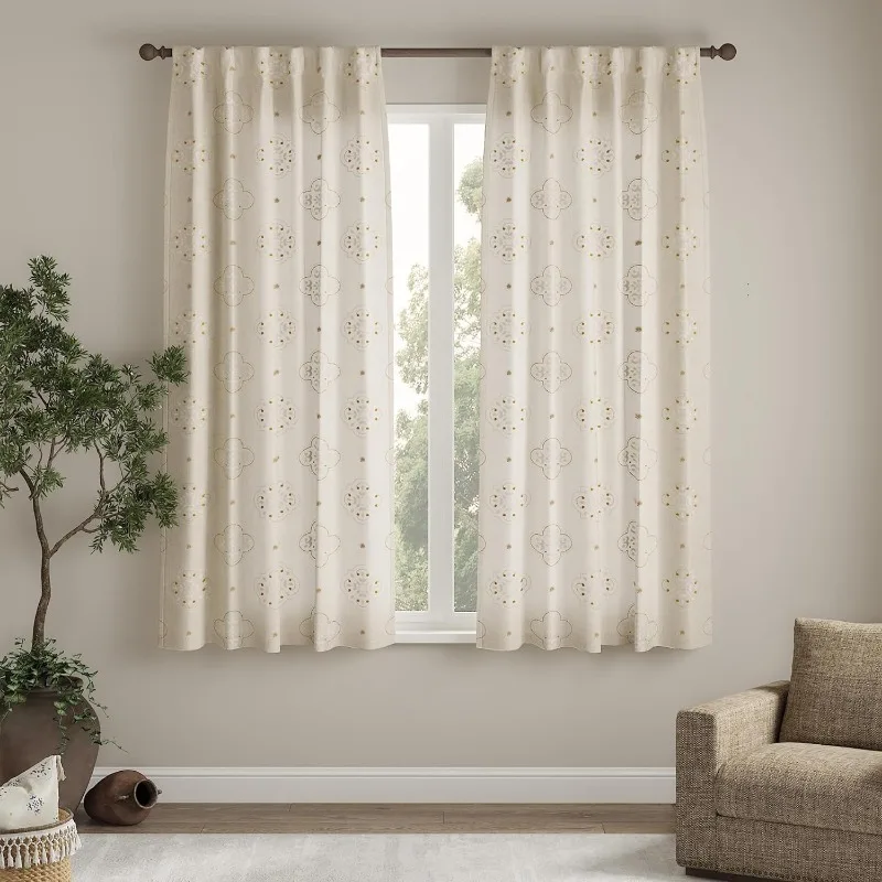 Window Curtains Linen Textured Curtains 84 Inch Long Honeycomb Embroidered Design Living Room Curtain Drapes Bedroom