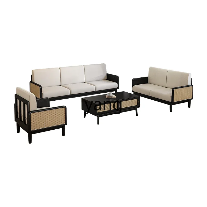 LH retro solid wood rattan sofa living room black wabi-sabi three-person sofa