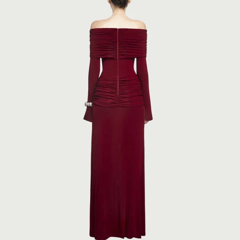 HKSH ربيع وصيف جديد إمرأة شيك أنيق موضة مساء فستان مائل الرقبة مطوي الصدر التفاف بلون فستان الحفلات HK5309