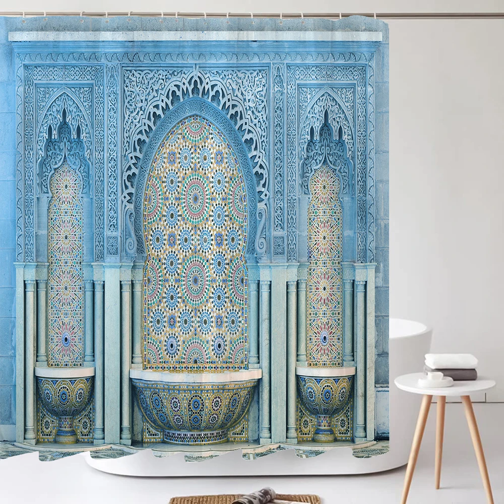 European Retro Architectural Murals Shower Curtain Moroco style Bathroom Curtains Set Anti-skid Rugs Toilet Lid Cover Bath Mat