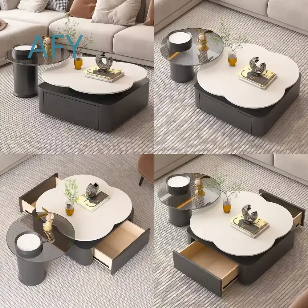 Rotating Marble Coffee Table for Modern Living Room Small Space Italian Style Four Leaf Clover Design Glass Side Table for
