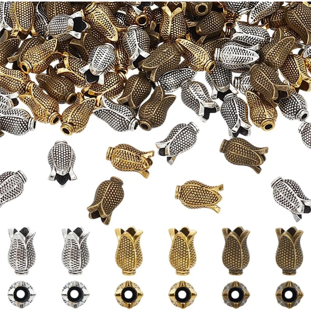 

90pcs Flower Bud Charm Beads 3 Colors Tulip Flower Metal Beads End Caps Metal Spacer Beads Loose Spacer Beads Flower