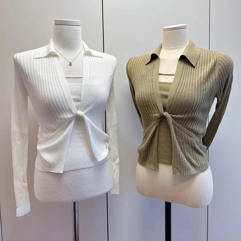 

Dongda Gate Retro Turn-down Collar Slimming Knot Knitted Long Sve Open Cardigan + ter Vest Women Two-piece Set