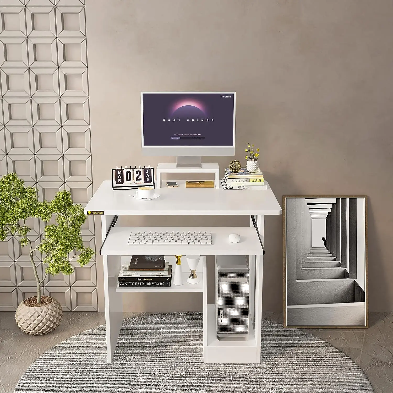 

Home Office Computer Desk with Monitor Stand Keyboard Tray, Study Desk PC Laptop Table , Modern Workstation for Small Spaces