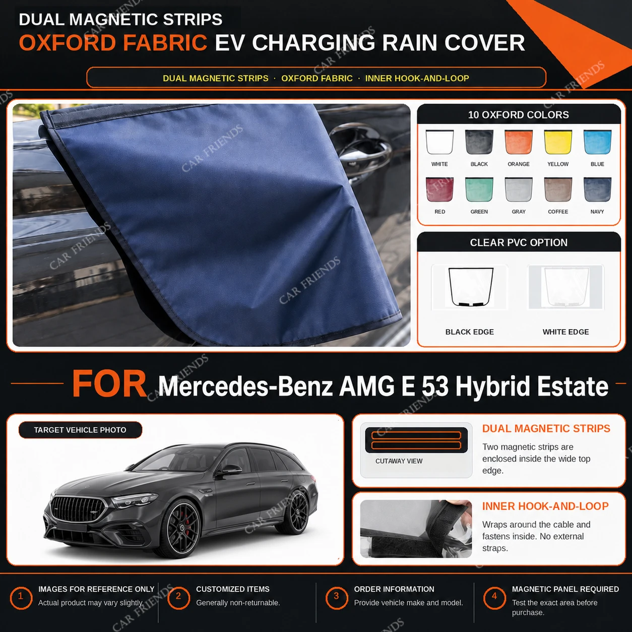 For Mercedes-Benz AMG E 53 Hybrid Estate Oxford Fabric EV Charging Port Rain Cover with Dual Magnetic Strips Water-Repellent