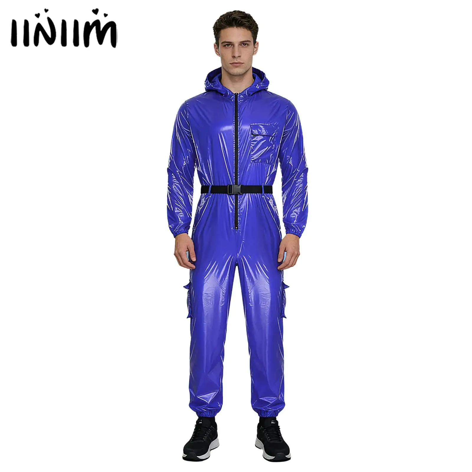 

Men Water Resistant Coveralls Mechanic Workwear Overalls Costume Long Sleeves Front Zipper Hooded Jumpsuit Flap Pockets Bodysuit