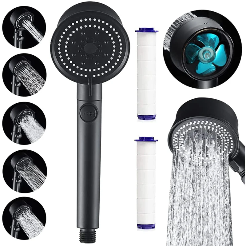 ZhangJi New 5 Modes Adjustable Turbo Shower Head with Inside Cotton Filter One-key Stop Bathroom Water Saving  Shower with Fan