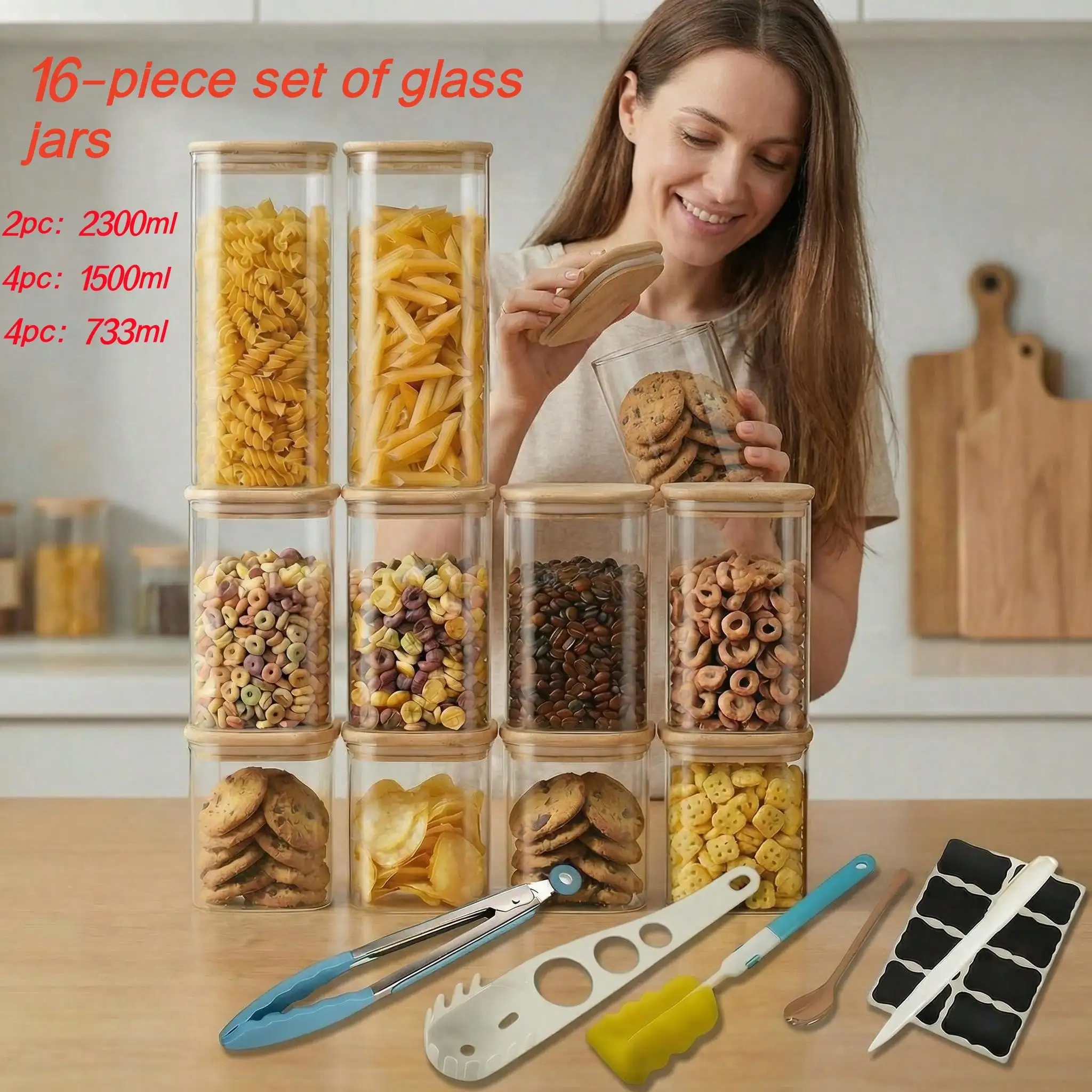 

16 Square Glass Jars With Airtight Bamboo Lids, 17 Oz/500 Ml Capacity. Wide-Mouth Clear Glass Food Storage Containers, Glass Kitchen Jars With Labels And Cleaning Cloths, Rose Gold Spoons, Perfect For Holiday Gifts.