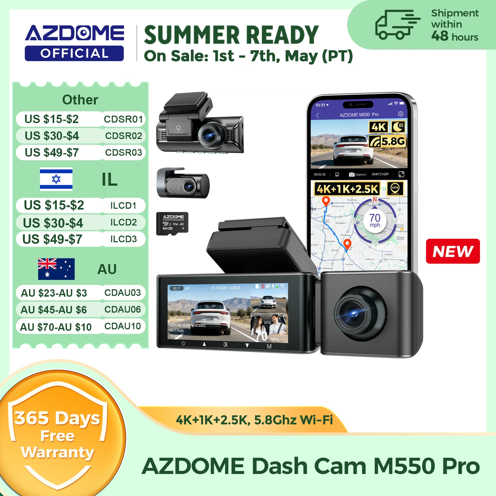AZDOME M550 Pro 대시 캠 자동차 DVR 5.8Ghz WiFi 3.19" IPS 2 또는 3 채널 대시 카메라 GP...