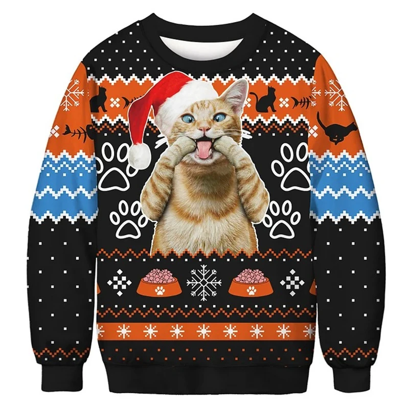 Christmas Cute Cat Sweatshirt 3D Printing Pattern Crew Neck Pullover Sweatshirt Harajuku Fashion Hip Hop Streetwear Hoodies