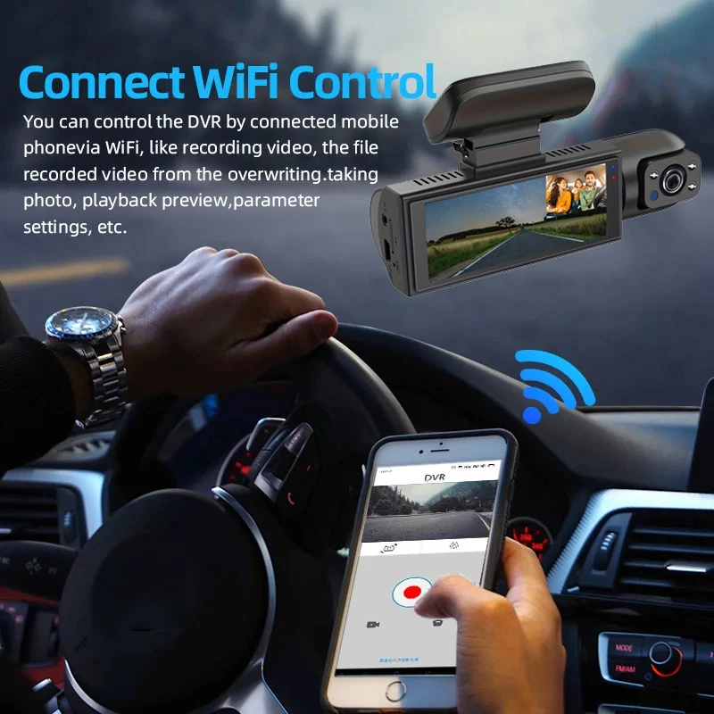 داش كام للسيارات 1080P سيارة DVR مسجل فيديو كاميرا سيارة مزدوجة الجبهة داخل عرض كاميرا حلقة تسجيل واي فاي رصد داشكام
