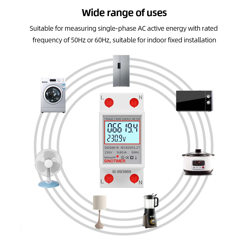 Digital Single Phase Energy Meter Din Rail 220V 230V Electricity Usage Monitor Super Energy Saving 50 60Hz for Home Or Business