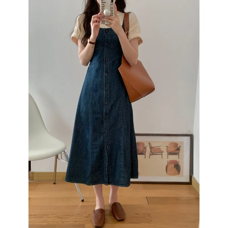 

Female Denim Dress Summer New Vintage High-waisted Sling Sleeveless Only One Long Denim Vestidos No Shirt Single Breasted