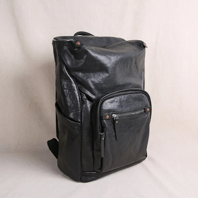 casual designer luxury handmade first layer cowhide men's backpacks outdoor travel genuine leather large black schoolbags