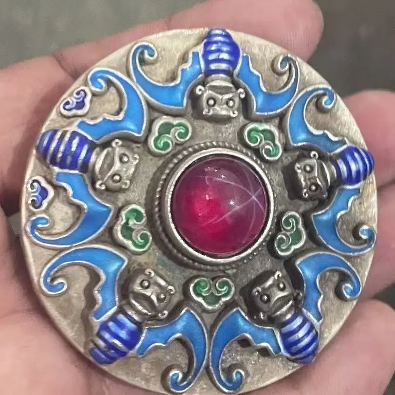 

Antique Handmade Old Silversmith Court Cloisonne Baked Blue Sterling Silver Ruby Inlaid Old Object Belt Buckle