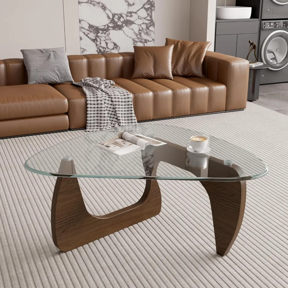 

Modern Glass Coffee Table, Triangle Center Table with Tempered Glass Top& Unique Wooden Base, 35.5” Mid Century Tea Tables for L