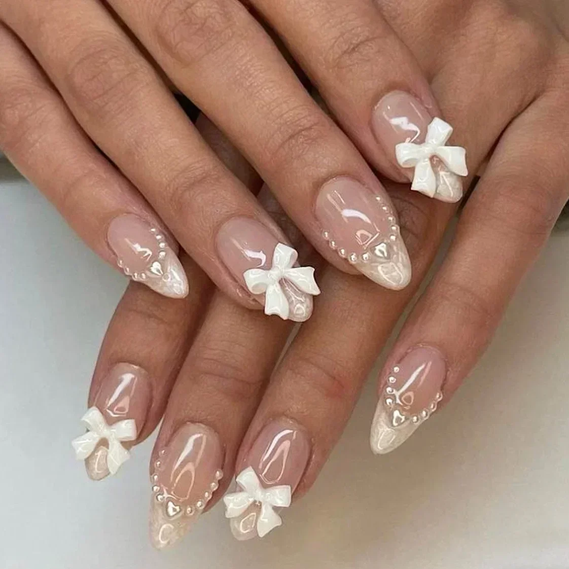 

24Pcs White Short Almond False Nails with Bow Pearl Designs Ballet Nail Art French Ballerina Nails Full Cover Press on Nail Tips