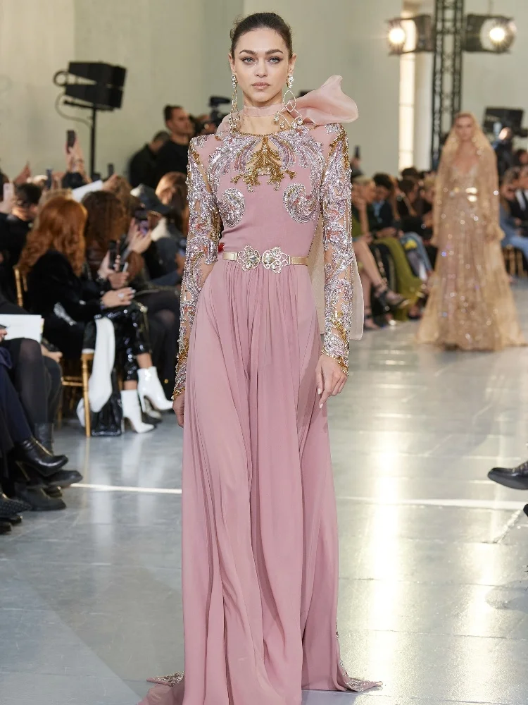 

LY62 Elie Saab Luxurious Long Sleeves Pink Chiffon Floor Length فساتين السهرة vestidos de fiesta فساتين سهره evening dresses