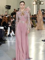 LY62 Elie Saab Luxurious Long Sleeves Pink Chiffon Floor Length  فساتين السهرة vestidos de fiesta  فساتين سهره evening dresses