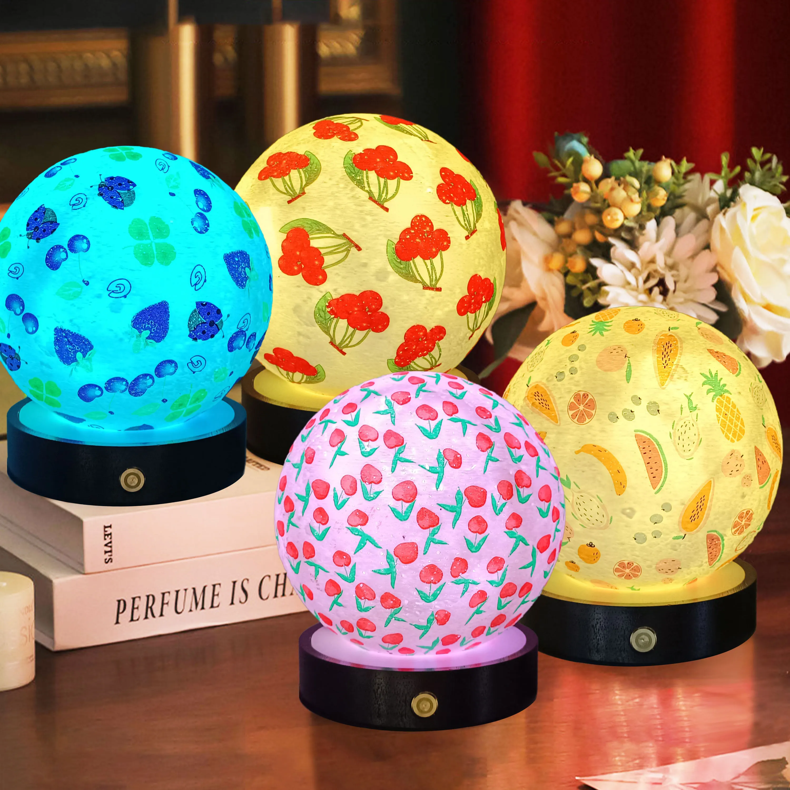 Fruit Pattern Moon Night Lamp Soft Colourful Lights Night Lamp Bohemian Style Home Decoration Decorative Night Lamps