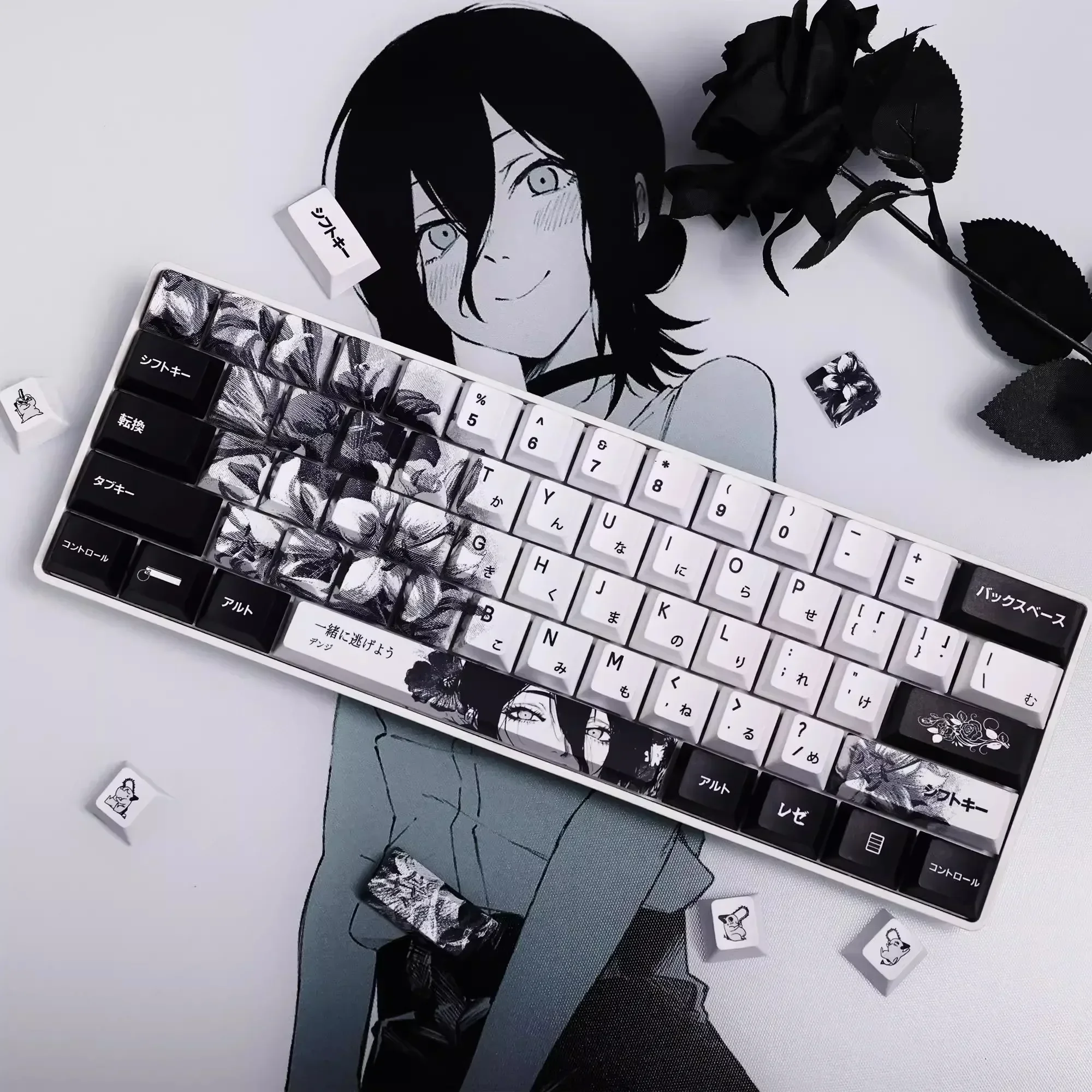 

White Black Anime Theme Keycaps Set Customized PBT Cherry Profile transmission Keyboard Caps for Mechanical Keyboard Accessories