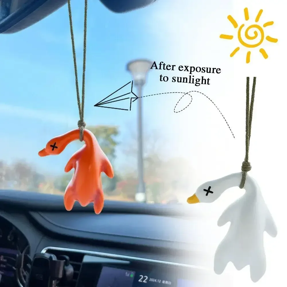 1-2PC Sunlight Color Changing Roast Duck Car Pendant Creative Rearview Mirror Hanging Decoration Cute Car Interior Accessory