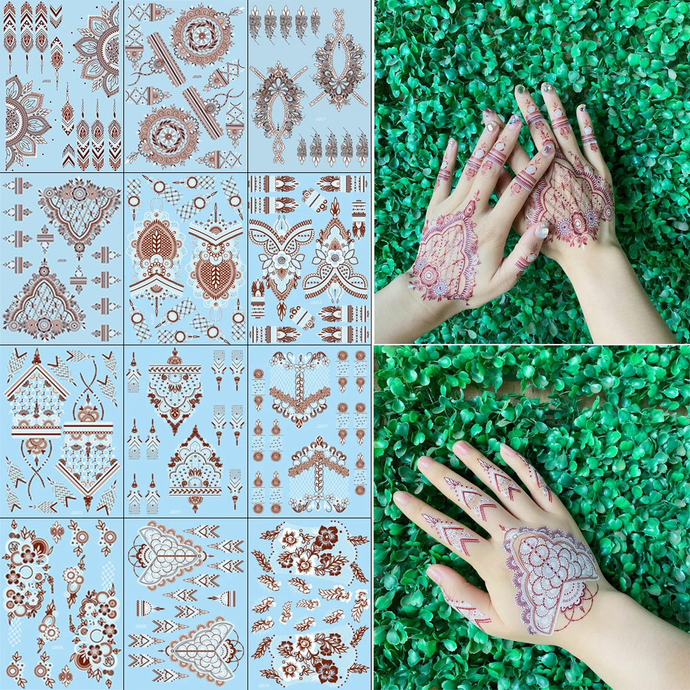 

12 Sheets Two-Colors Henna Tattoo Stickers Waterproof Temporary Tattoo Stencil Sets Indian Arabian Templates for Body Art Paint