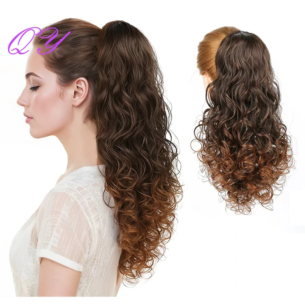 

Градуированные коричневые волнистые вьющиеся синтетические волосы для наращивания хвоста с зажимом для женщин, пушистые наращивание волос для повседневного или вечеринок