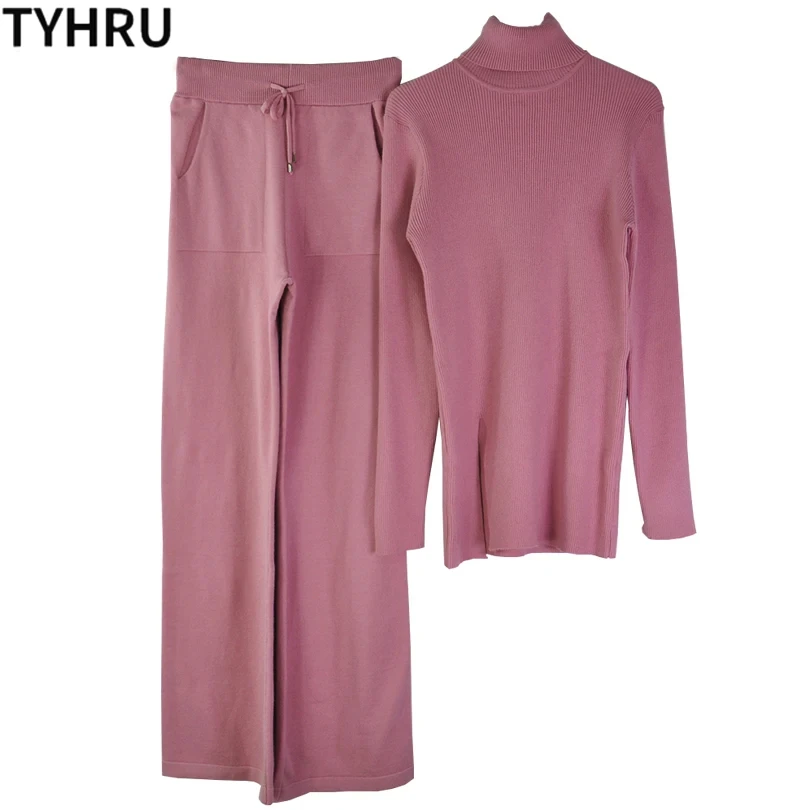 TYHRU autunno inverno donna tute per maglieria dolcevita Pullover maglione elastico in vita pantalone in due pezzi