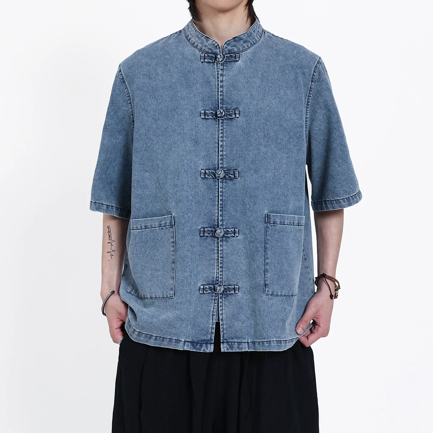 

Summer Men Chinese Style Shirt Hanfu Short Sleeve Washed Denim Shirt Oriental Traditional Ethnic Loose Casual Cotton Tops