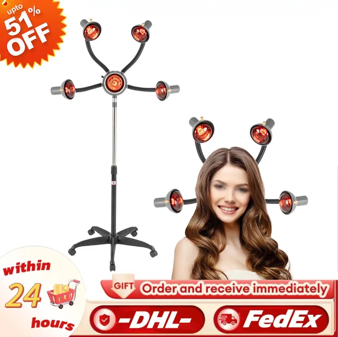 

5 Head Infrared Light Heat Therapy Red Lamp 750W Salon Hair Steamer Perming Dyeing Adjustable Height Machine with Rolling Wheels