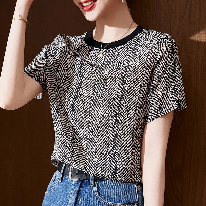 2026 Summer 100% Real Silk Elegant T-shirts for Women O-neck Short Sleeve Woman Tees Tops Women's Casual T-shirt Print Tee Shirt
