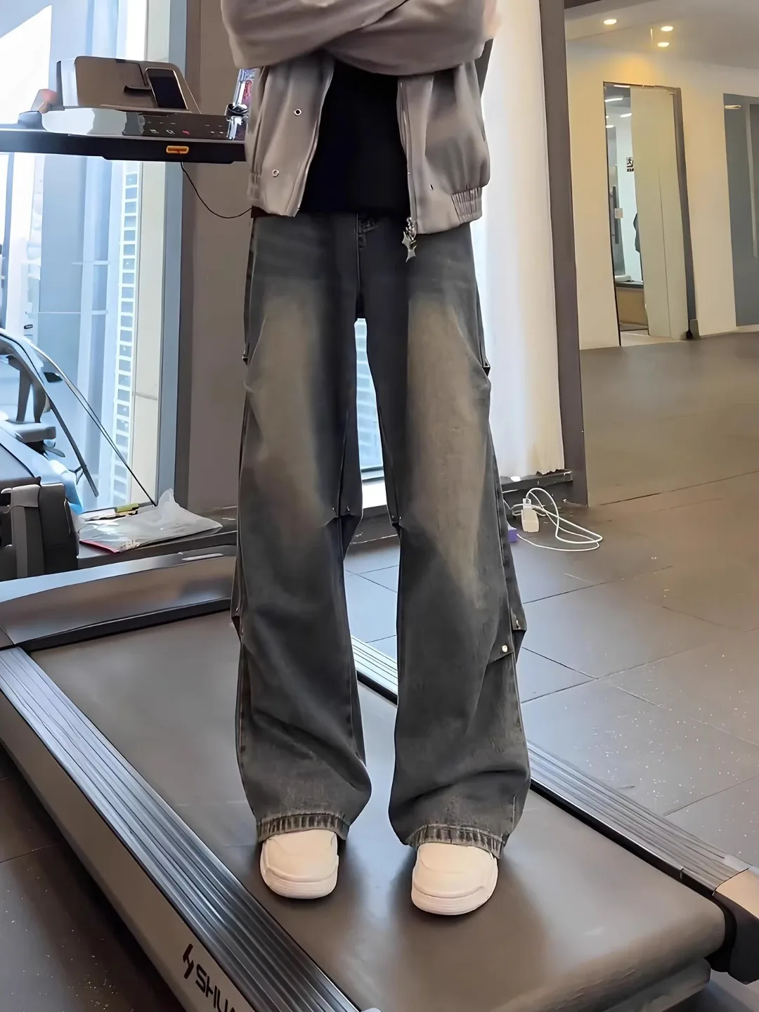 

Retro Blue Denim Jeans Men's Spring Autumn American Folded Micro Flared Casual Workwear Straight Leg Pants Knife Rivets